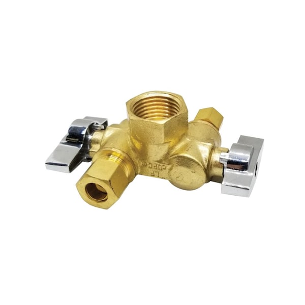 Thrifco Plumbing 1/2 Inch FIP x 3/8 Inch Comp x 1/4 Inch Comp Dual Outlet Shut Off Angle Stop 4406680 - main